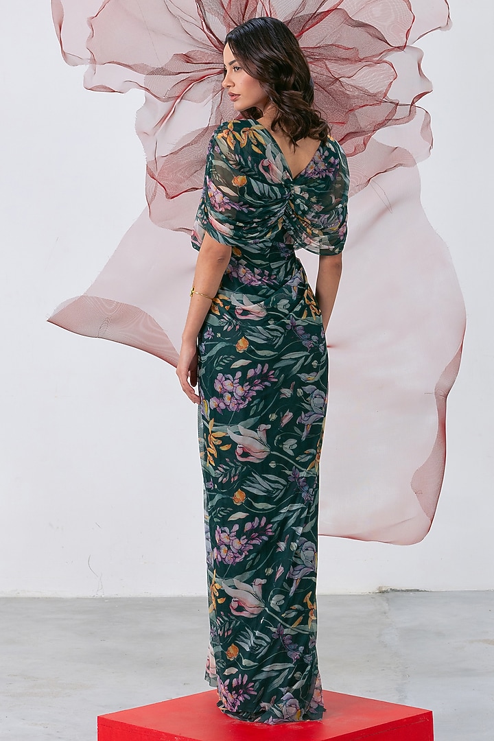 Green Mesh Lycra Printed Party Wear Gown by Vesture at Pernia's Pop Up Shop