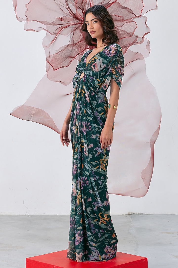 Green Mesh Lycra Printed Party Wear Gown by Vesture at Pernia's Pop Up Shop