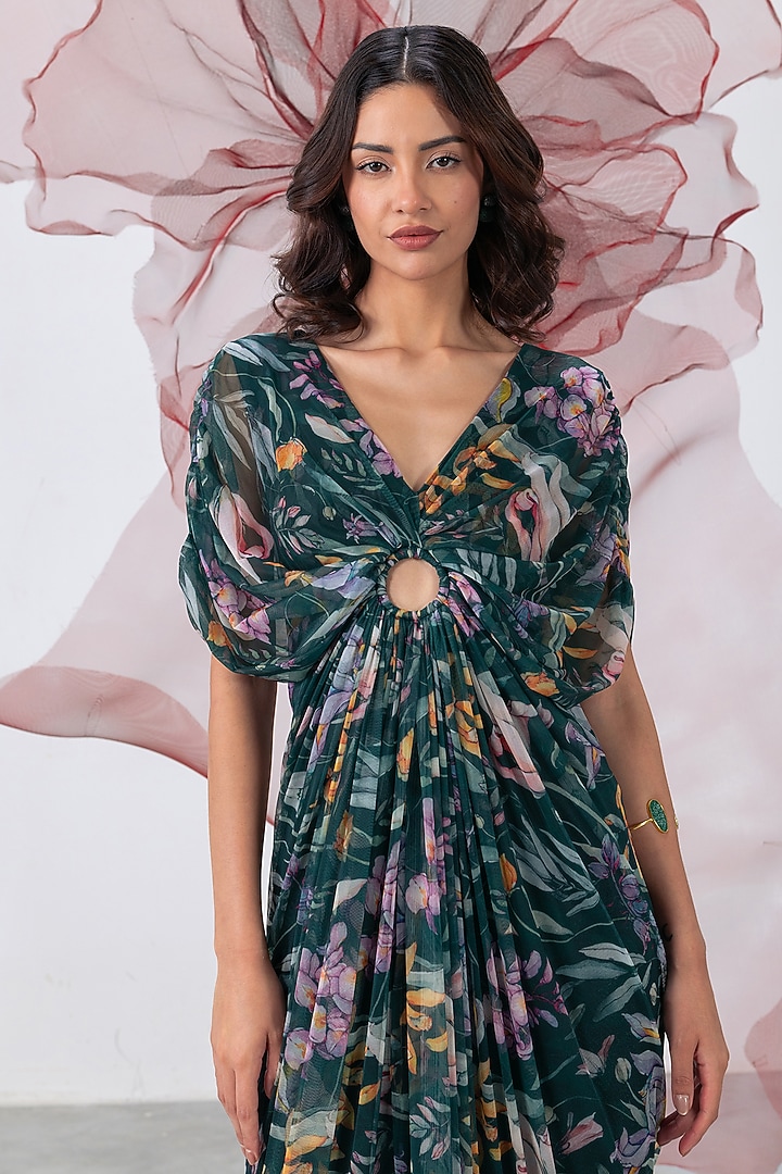 Green Mesh Lycra Printed Party Wear Gown by Vesture at Pernia's Pop Up Shop