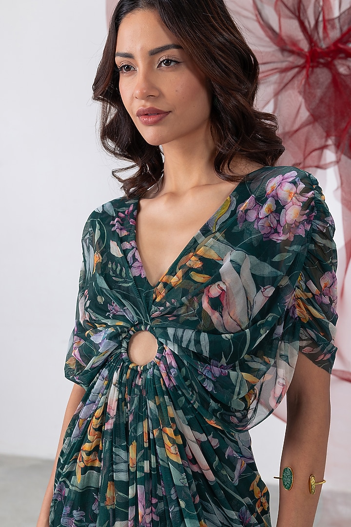 Green Mesh Lycra Printed Party Wear Gown by Vesture at Pernia's Pop Up Shop