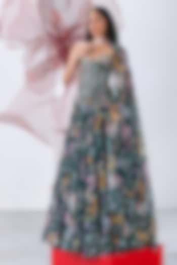 Green Organza Printed Skirt Set by Vesture at Pernia's Pop Up Shop