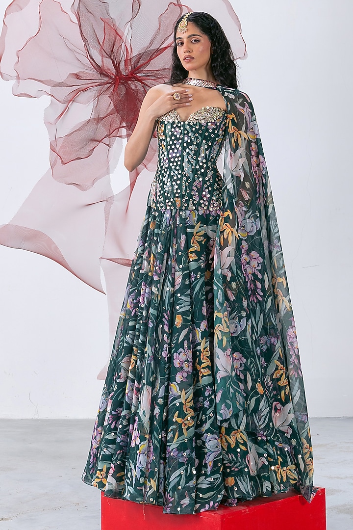 Green Organza Printed Skirt Set by Vesture at Pernia's Pop Up Shop