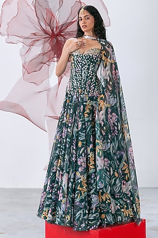 Green Organza Printed Skirt Set by Vesture
