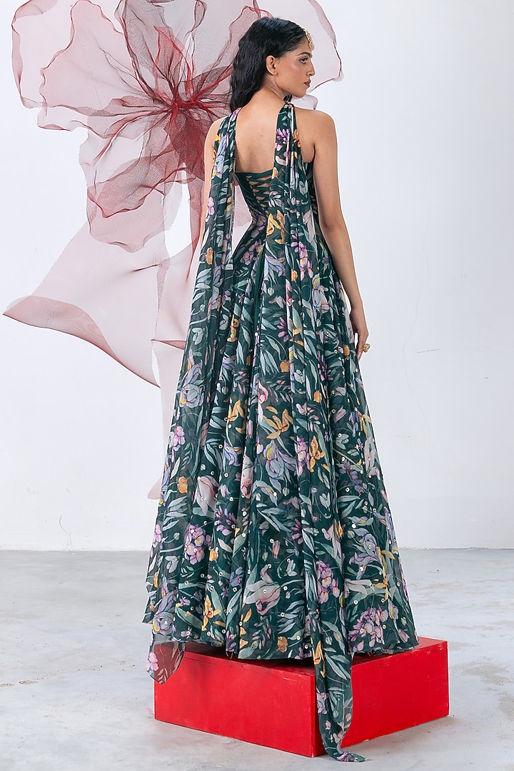 Green Organza Printed Skirt Set by Vesture at Pernia's Pop Up Shop
