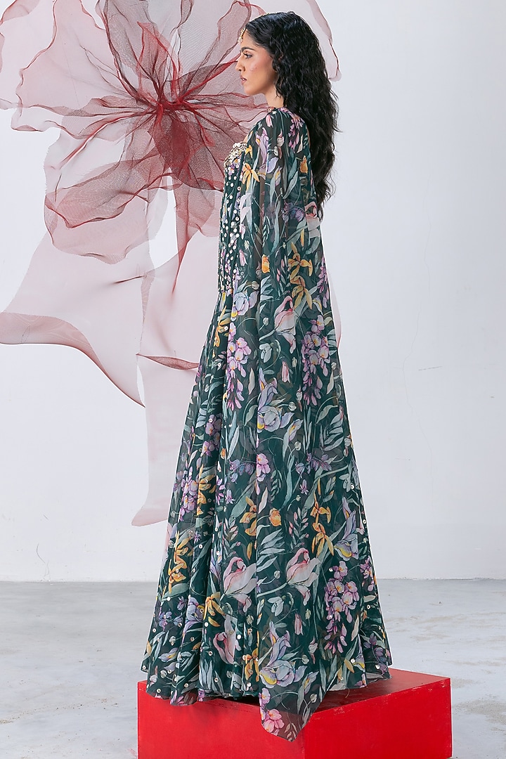 Green Organza Printed Skirt Set by Vesture at Pernia's Pop Up Shop