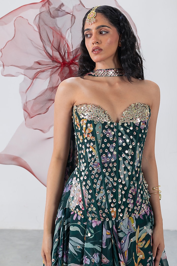 Green Organza Printed Skirt Set by Vesture at Pernia's Pop Up Shop