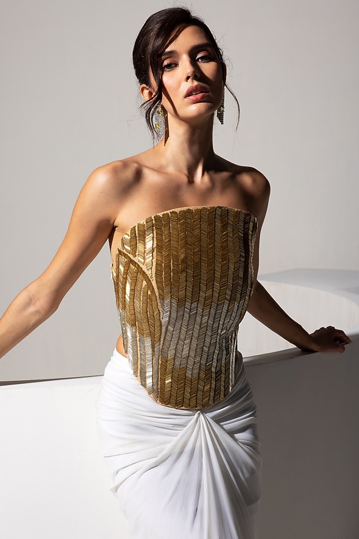 White Lycra Mesh Draped Skirt Set by Vesture at Pernia's Pop Up Shop