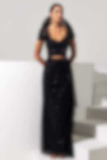 Black Mesh Embellished Skirt Set by Vesture at Pernia's Pop Up Shop