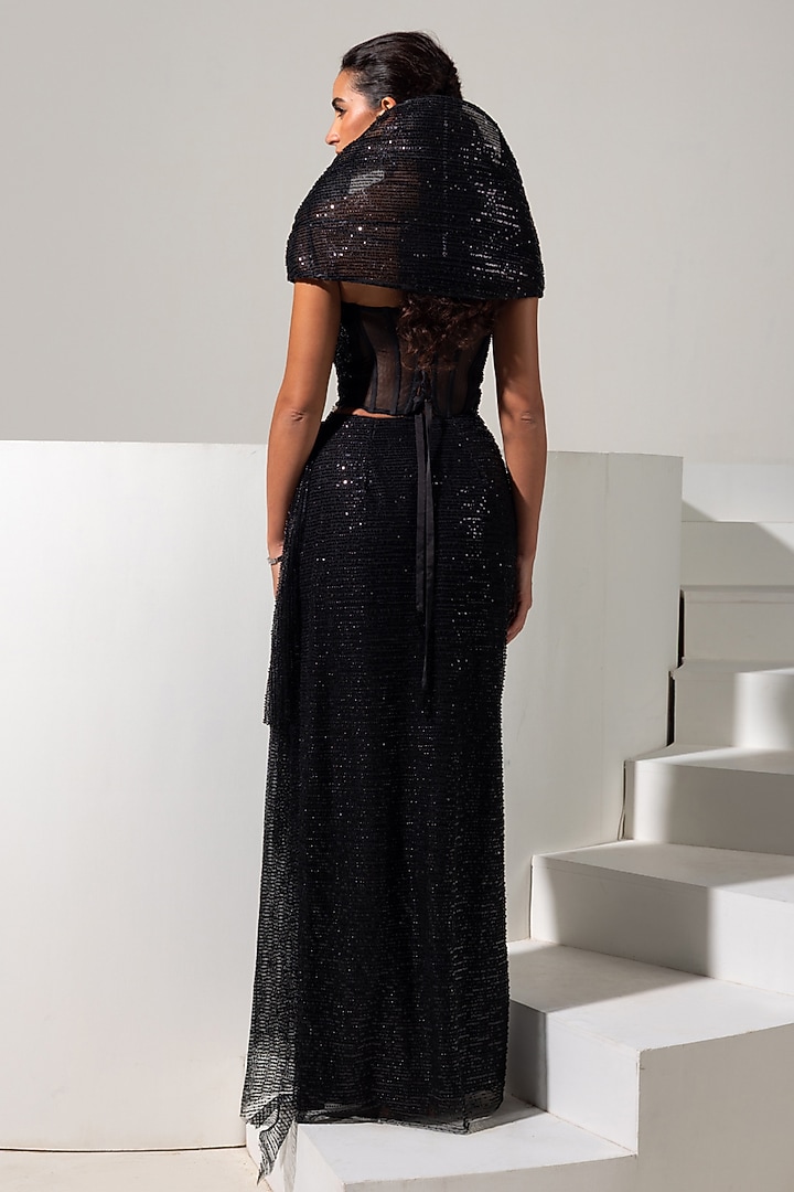 Black Mesh Embellished Skirt Set by Vesture at Pernia's Pop Up Shop