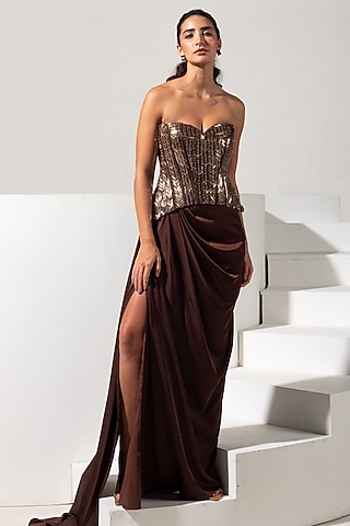 Brown Armani Satin Draped Skirt Set by Vesture