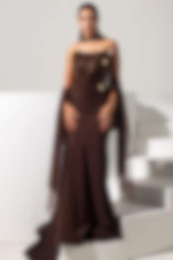 Chocolate Brown Mesh & Stretch Fabric Skirt Set by Vesture at Pernia's Pop Up Shop