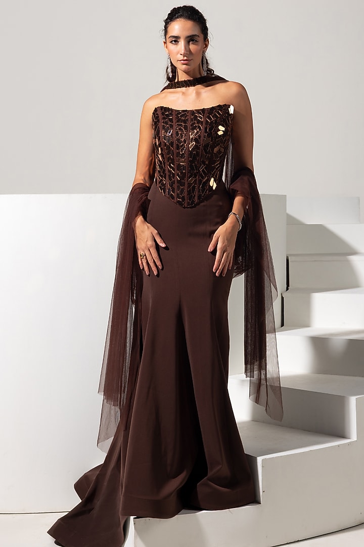 Chocolate Brown Mesh & Stretch Fabric Skirt Set by Vesture at Pernia's Pop Up Shop