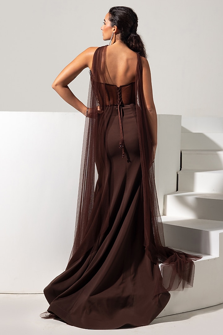 Chocolate Brown Mesh & Stretch Fabric Skirt Set by Vesture at Pernia's Pop Up Shop