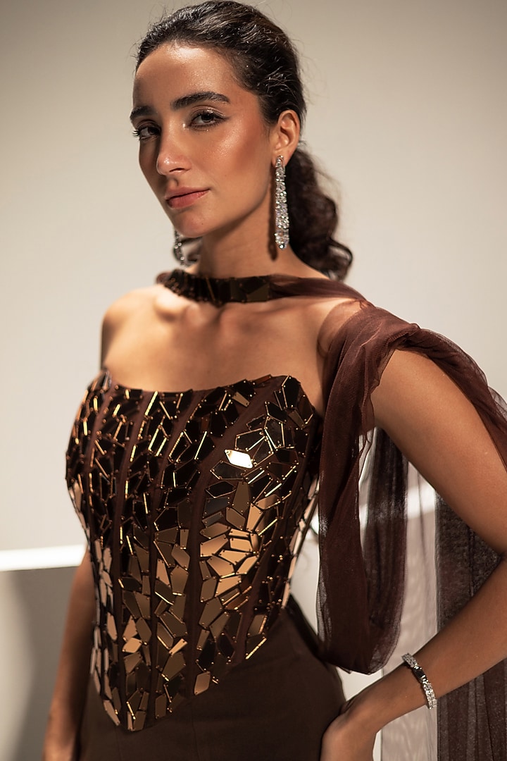 Chocolate Brown Mesh & Stretch Fabric Skirt Set by Vesture at Pernia's Pop Up Shop