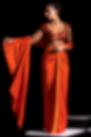 Orange Armani Satin Pre-Draped Wedding Saree Set by Vesture at Pernia's Pop Up Shop