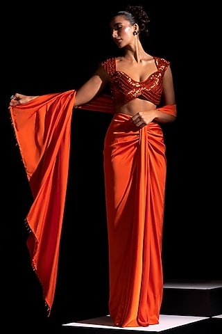 Orange Armani Satin Pre-Draped Saree Set by Vesture
