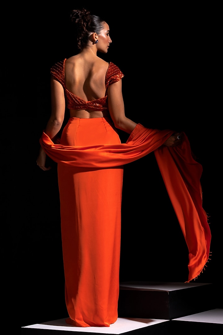 Orange Armani Satin Pre-Draped Wedding Saree Set by Vesture at Pernia's Pop Up Shop