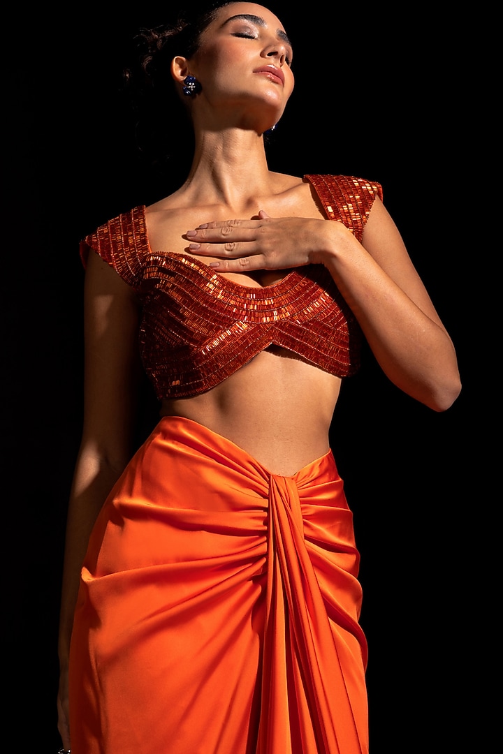 Orange Armani Satin Pre-Draped Wedding Saree Set by Vesture at Pernia's Pop Up Shop