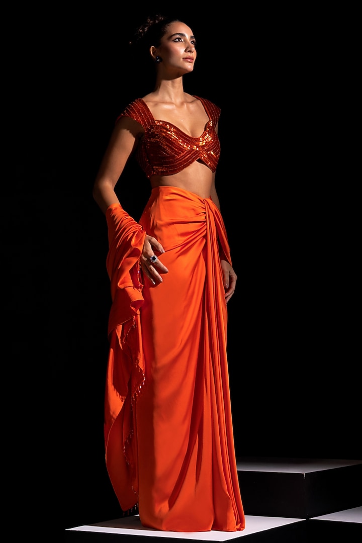 Orange Armani Satin Pre-Draped Wedding Saree Set by Vesture at Pernia's Pop Up Shop