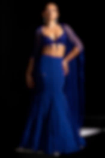 Electric Blue Crepe Embroidered Fish-Cut Wedding Lehenga Set by Vesture at Pernia's Pop Up Shop