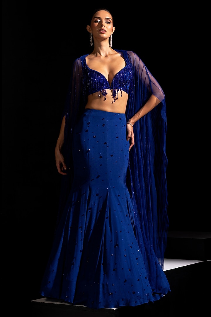 Electric Blue Crepe Embroidered Fish-Cut Wedding Lehenga Set by Vesture at Pernia's Pop Up Shop