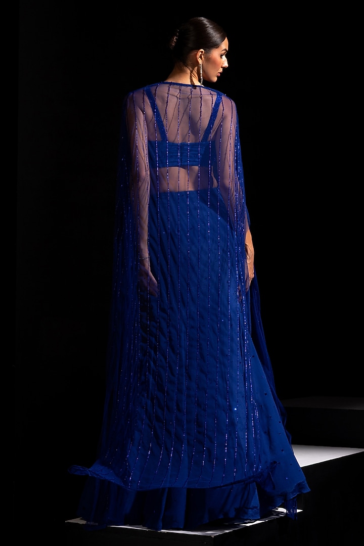 Electric Blue Crepe Embroidered Fish-Cut Wedding Lehenga Set by Vesture at Pernia's Pop Up Shop