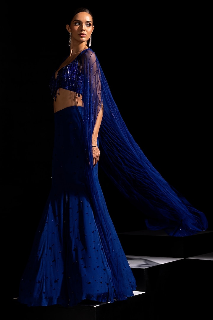 Electric Blue Crepe Embroidered Fish-Cut Wedding Lehenga Set by Vesture at Pernia's Pop Up Shop