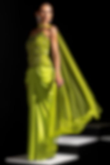 Neon Green Armani Satin Draped Skirt Set by Vesture at Pernia's Pop Up Shop