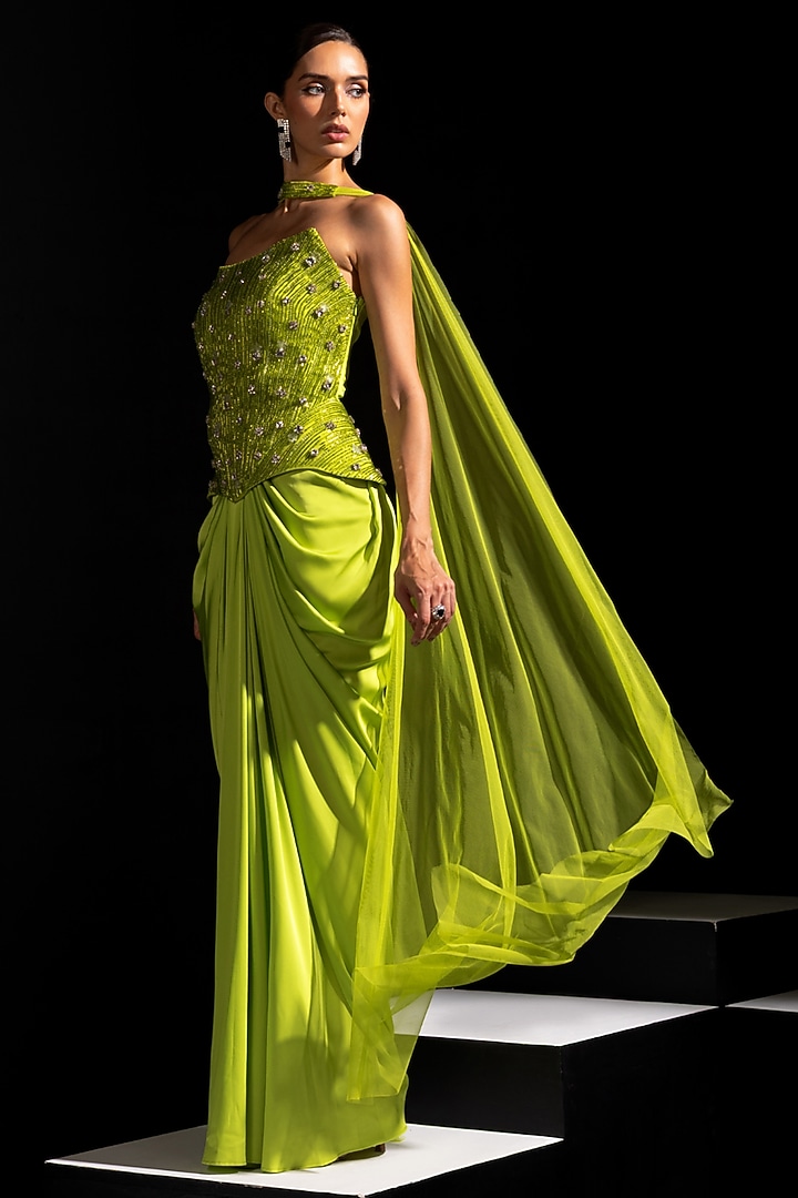 Neon Green Armani Satin Draped Skirt Set by Vesture at Pernia's Pop Up Shop