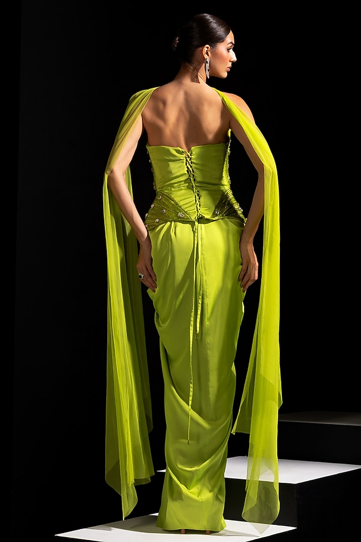 Neon Green Armani Satin Draped Skirt Set by Vesture at Pernia's Pop Up Shop