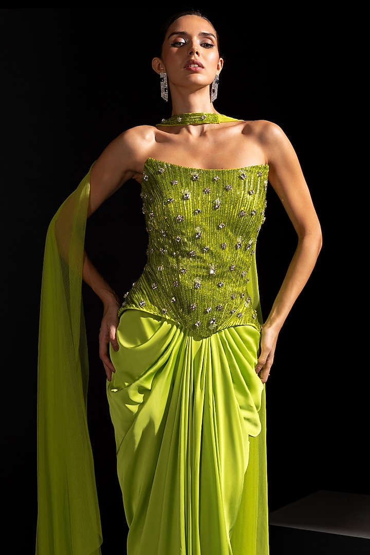 Neon Green Armani Satin Draped Skirt Set by Vesture at Pernia's Pop Up Shop
