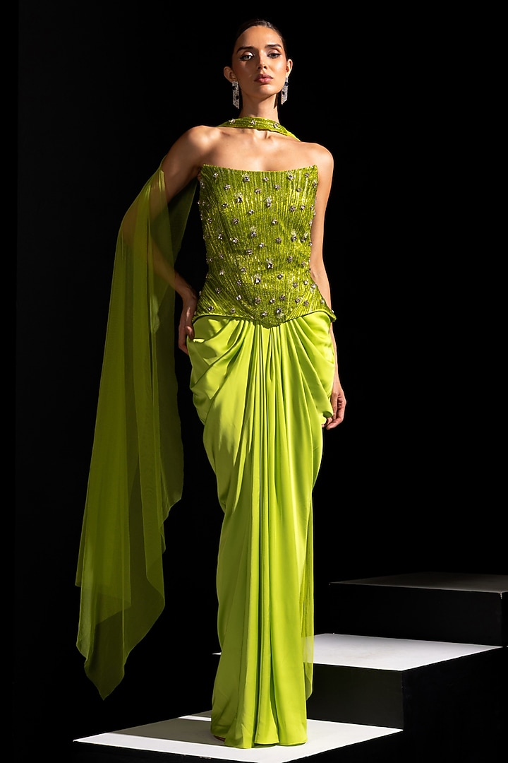 Neon Green Armani Satin Draped Skirt Set by Vesture at Pernia's Pop Up Shop