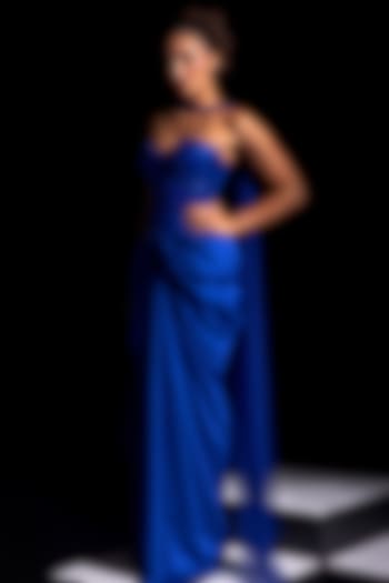 Electric Blue Armani Satin Draped Skirt Set by Vesture at Pernia's Pop Up Shop