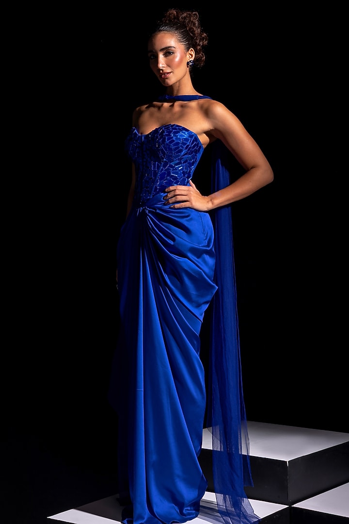 Electric Blue Armani Satin Draped Skirt Set by Vesture at Pernia's Pop Up Shop