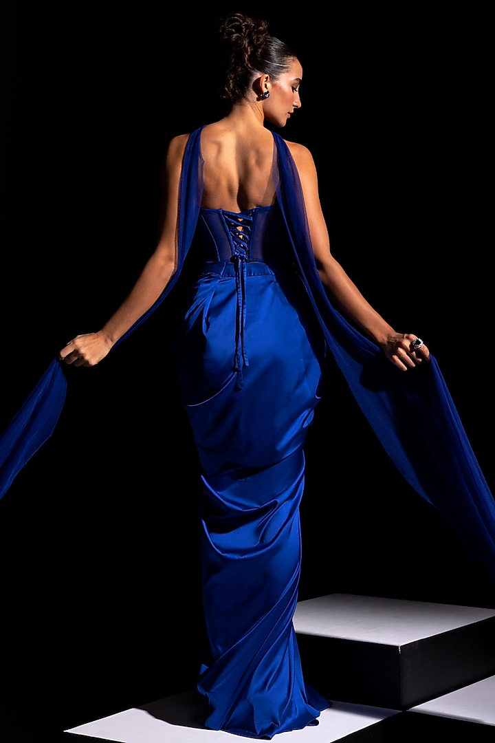 Electric Blue Armani Satin Draped Skirt Set by Vesture at Pernia's Pop Up Shop