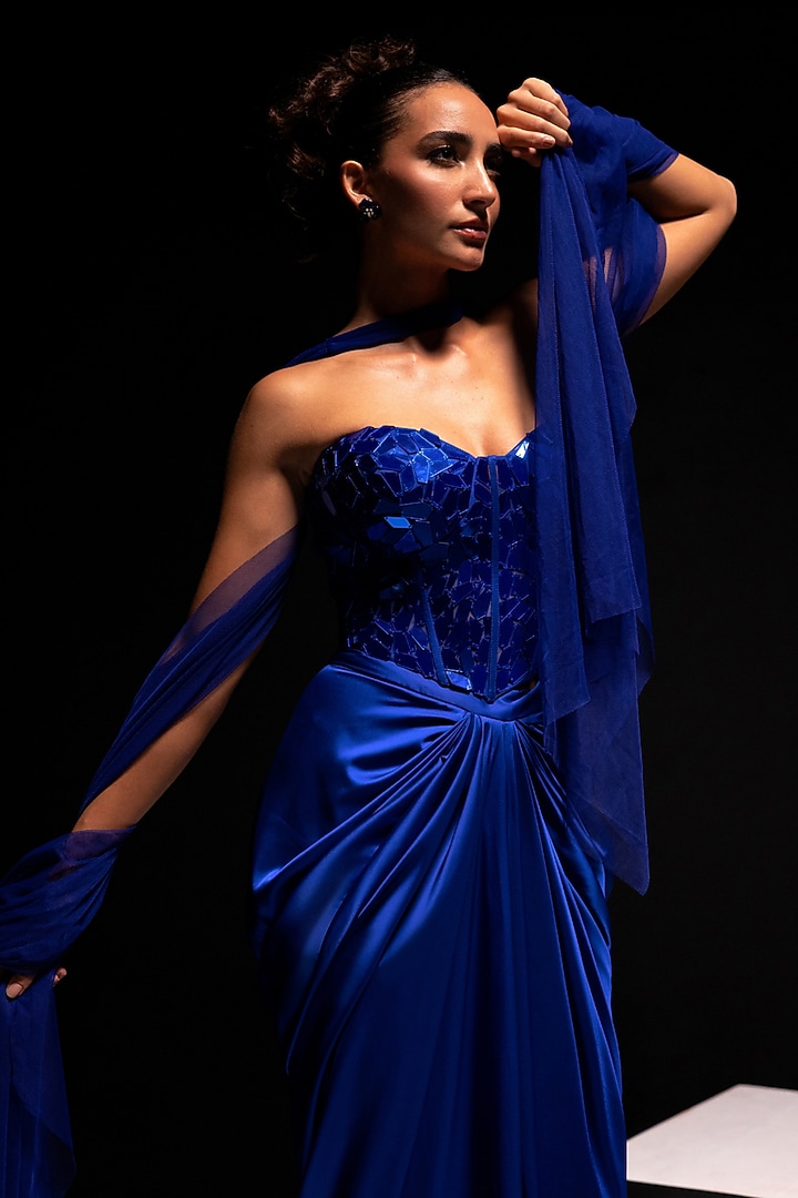 Electric Blue Armani Satin Draped Skirt Set by Vesture at Pernia's Pop Up Shop