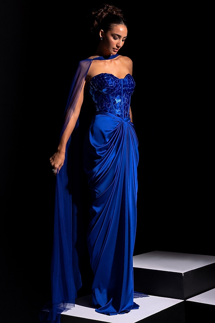 Electric Blue Armani Satin Draped Skirt Set by Vesture at Pernia's Pop Up Shop