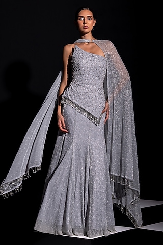 Silver Metallic Mesh Fabric Skirt Set by Vesture