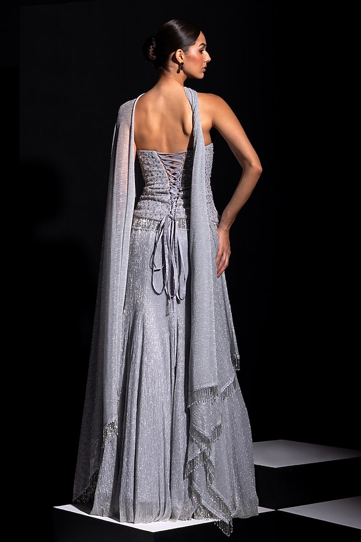 Silver Metallic Mesh Fabric Skirt Set by Vesture at Pernia's Pop Up Shop