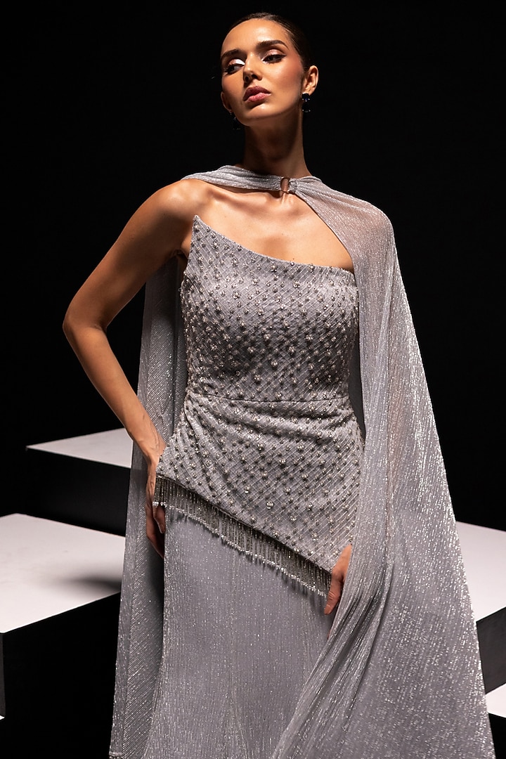 Silver Metallic Mesh Fabric Skirt Set by Vesture at Pernia's Pop Up Shop