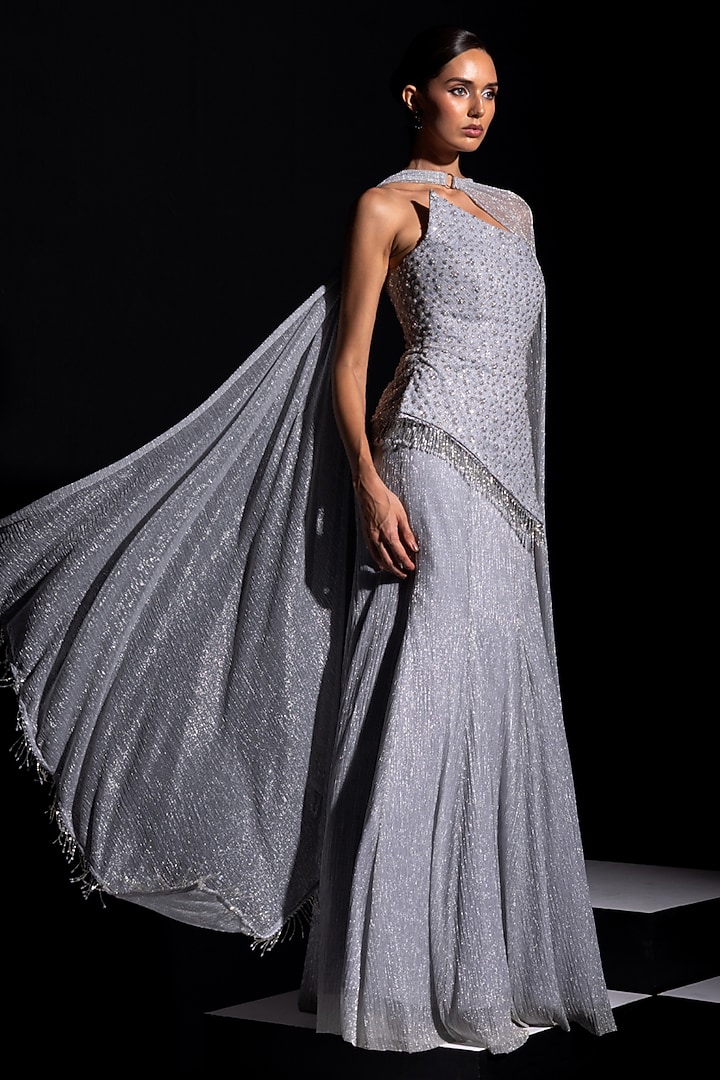 Silver Metallic Mesh Fabric Skirt Set by Vesture at Pernia's Pop Up Shop
