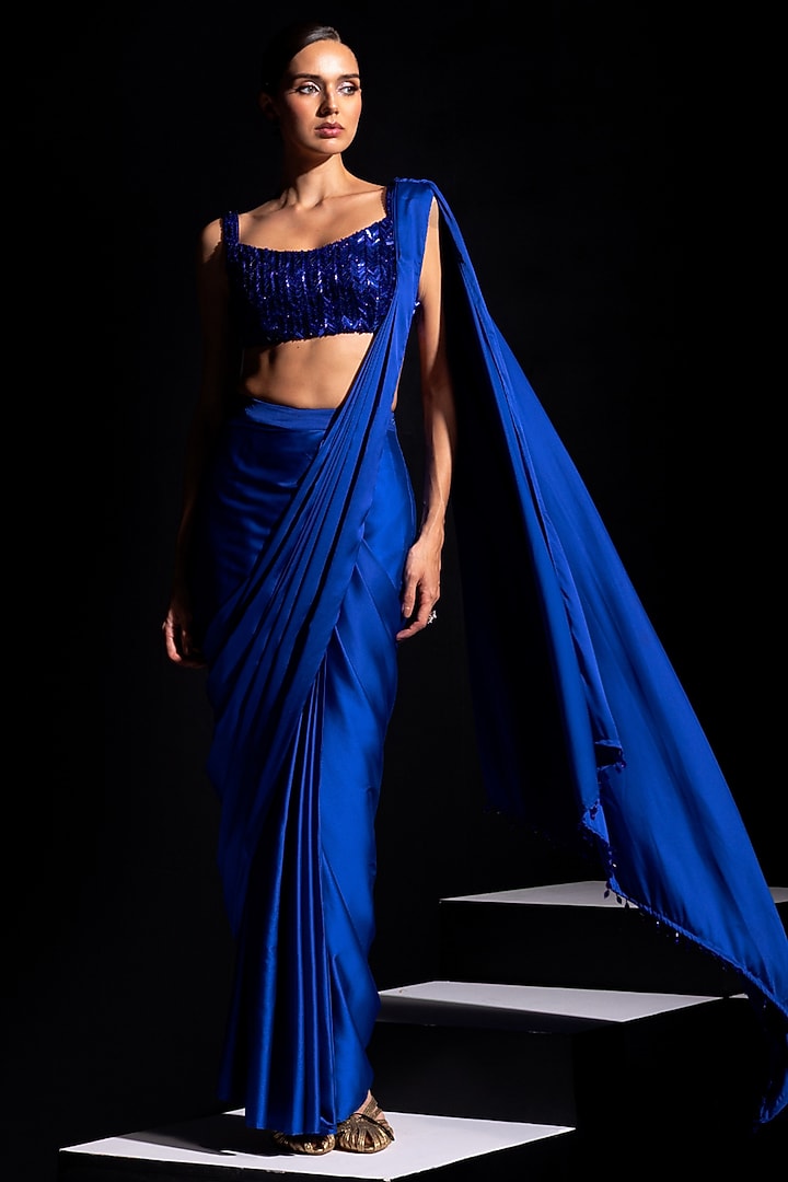 Electric Blue Armani Satin Pre-Draped Wedding Saree Set by Vesture at Pernia's Pop Up Shop