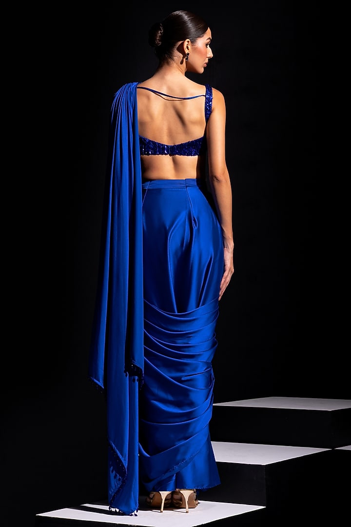 Electric Blue Armani Satin Pre-Draped Wedding Saree Set by Vesture at Pernia's Pop Up Shop