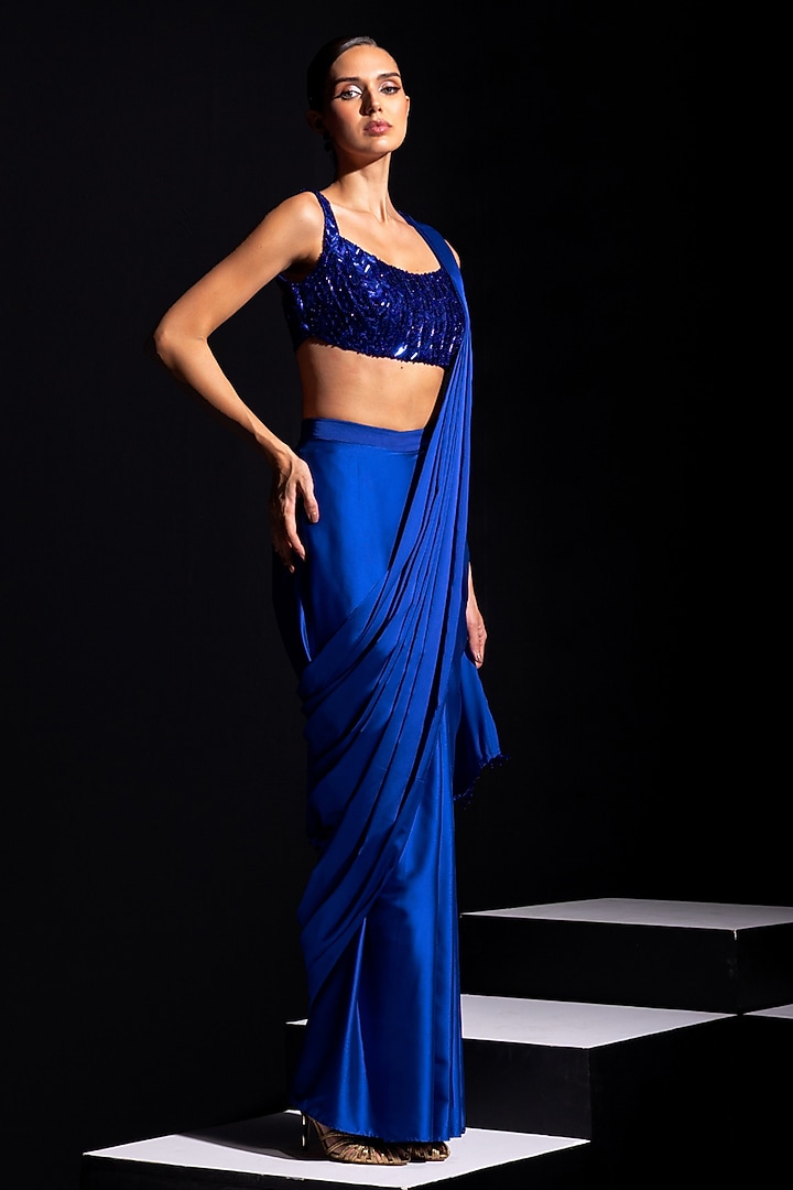 Electric Blue Armani Satin Pre-Draped Wedding Saree Set by Vesture at Pernia's Pop Up Shop