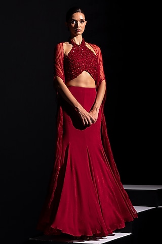 Deep Red Mesh & Crepe Fish-Cut Lehenga Set by Vesture