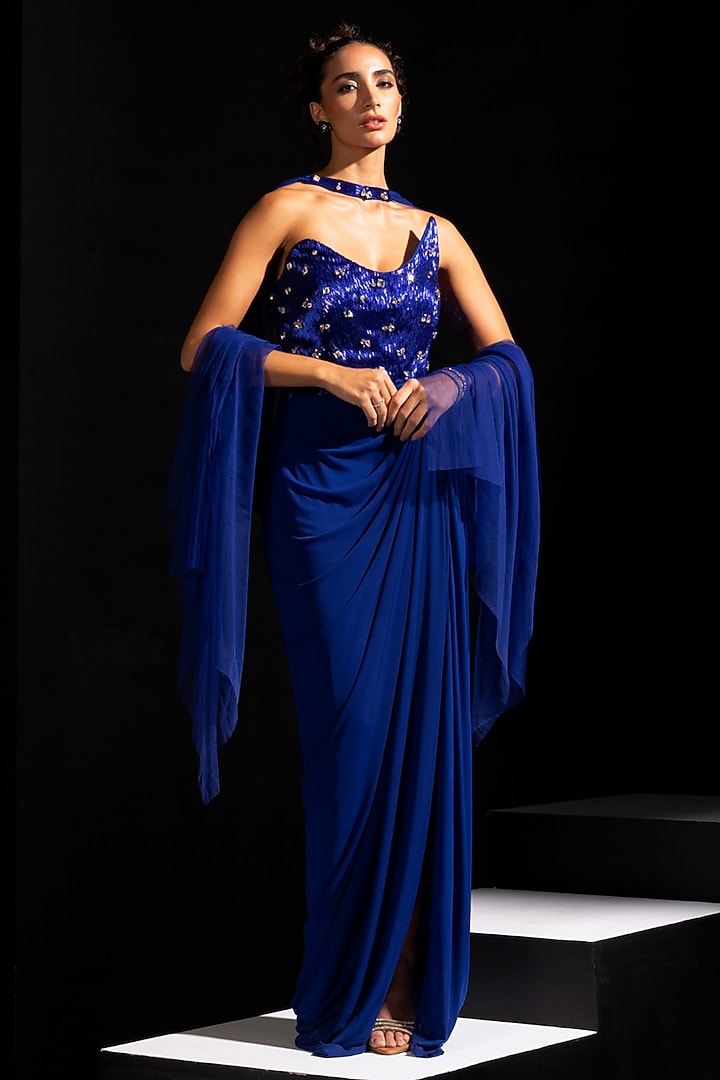 Electric Blue Lycra Mesh Swarovski Embroidered Engagement Gown by Vesture at Pernia's Pop Up Shop