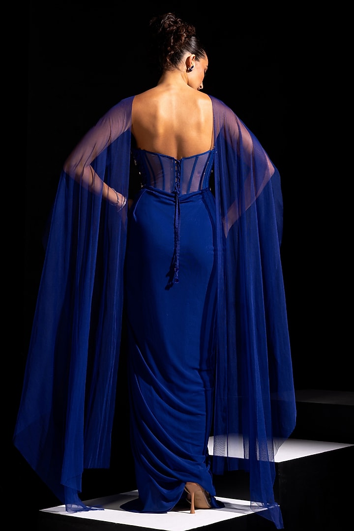 Electric Blue Lycra Mesh Swarovski Embroidered Engagement Gown by Vesture at Pernia's Pop Up Shop