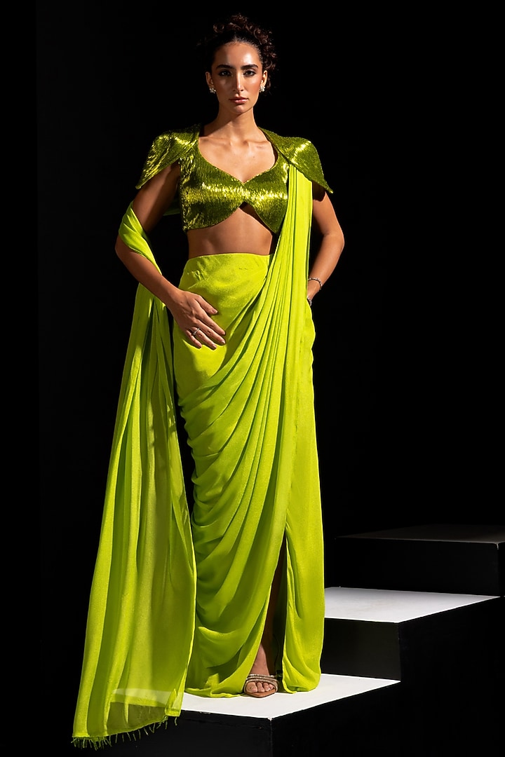 Neon Green Armani Satin Pre-Draped Wedding Saree Set by Vesture at Pernia's Pop Up Shop
