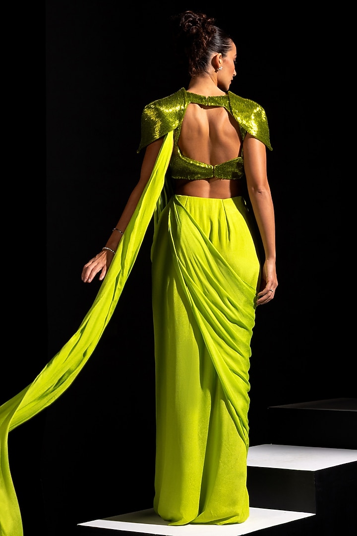 Neon Green Armani Satin Pre-Draped Wedding Saree Set by Vesture at Pernia's Pop Up Shop
