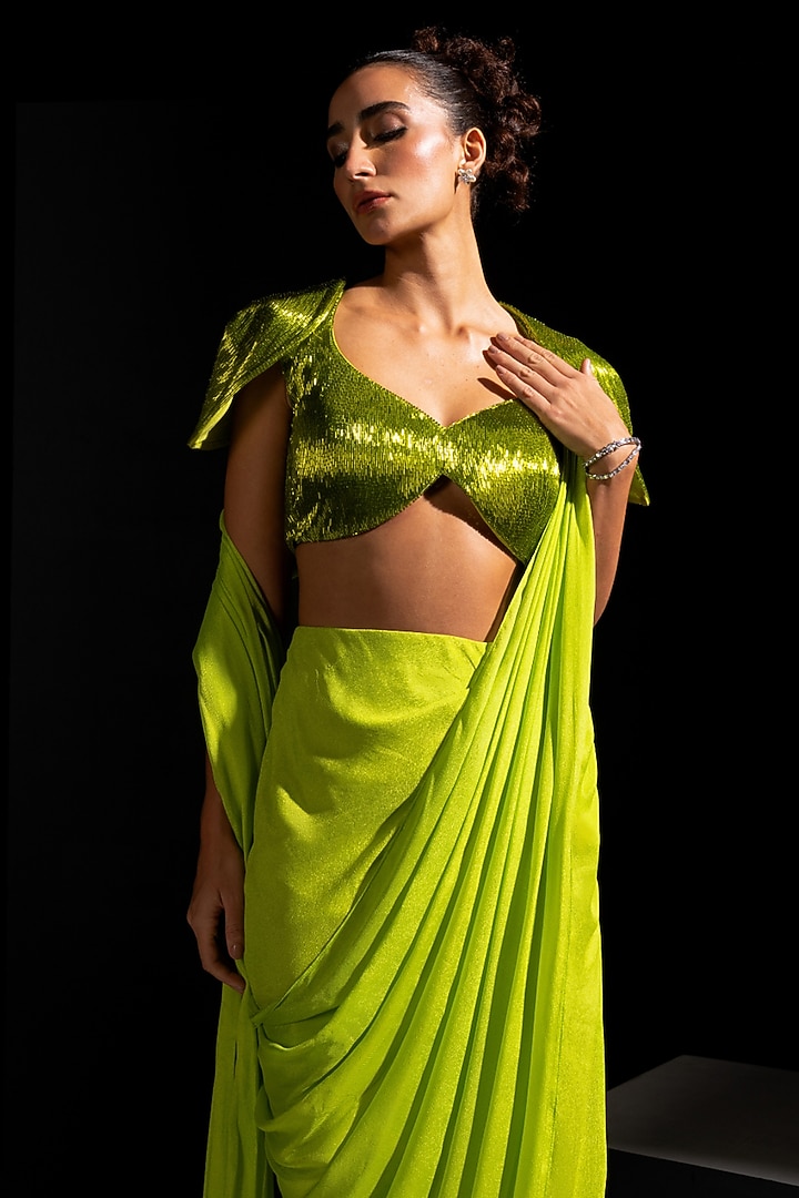 Neon Green Armani Satin Pre-Draped Wedding Saree Set by Vesture at Pernia's Pop Up Shop